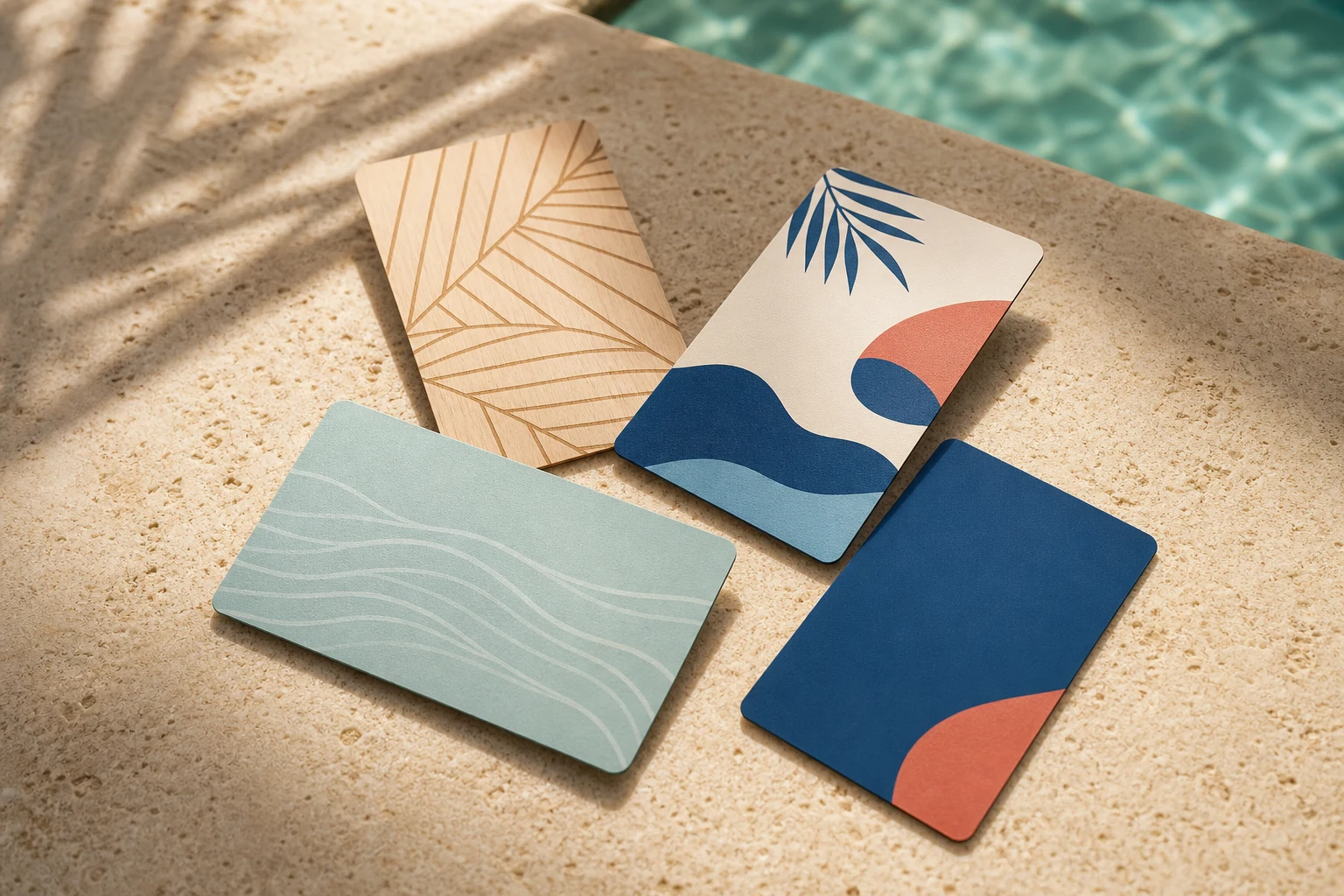 Collection of custom hotel key cards in wood and Dominican coastal colours