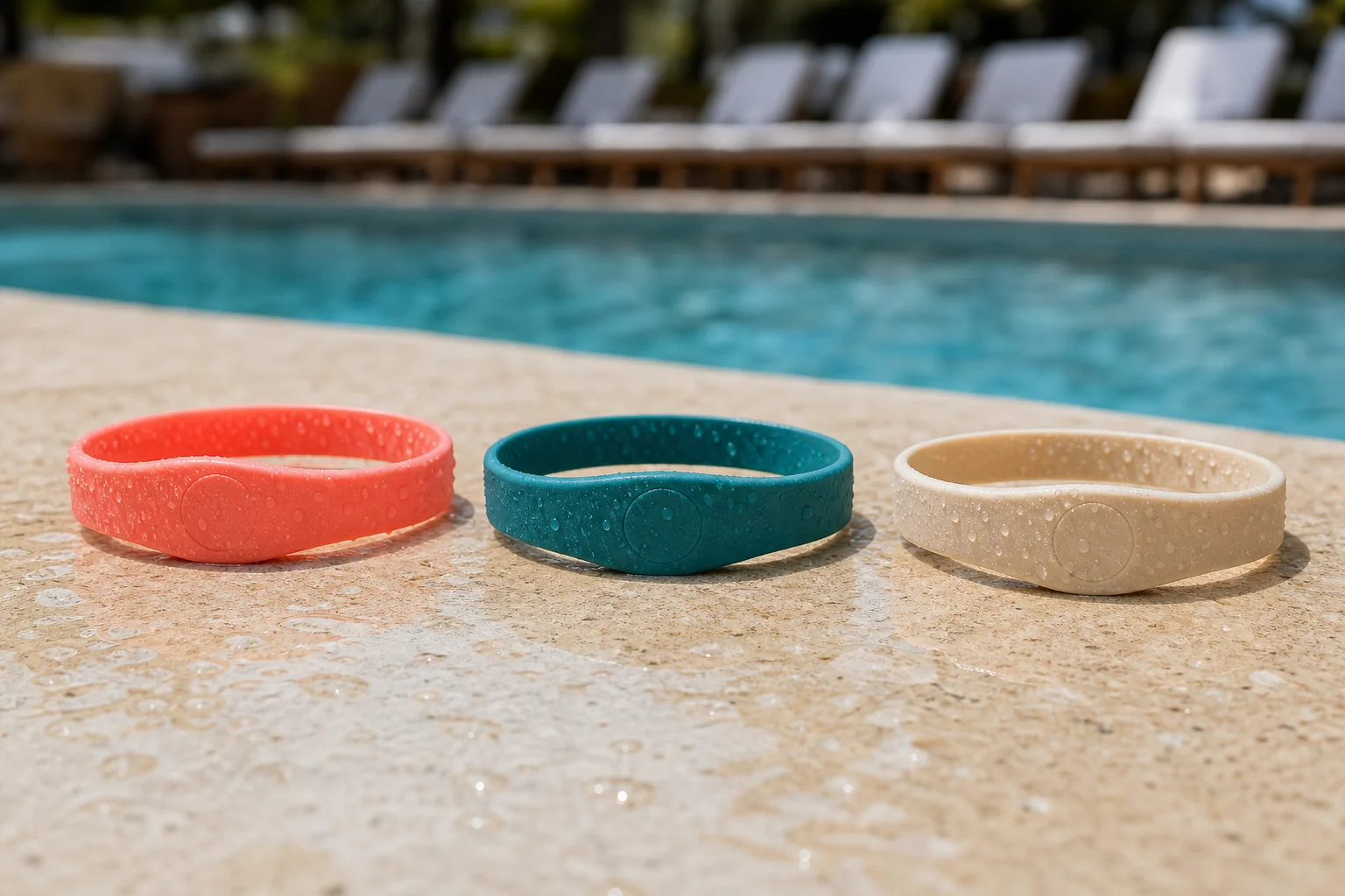 Tres brazaletes RFID de silicona en coral, verde azulado y arena sobre el borde mojado de una piscina