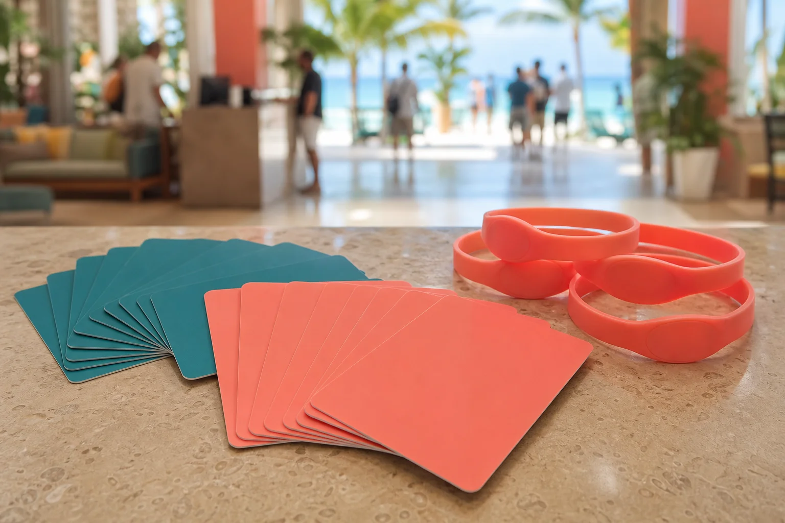 Tarjetas llave en abanico y brazaletes de silicona coral sobre el mostrador de recepción de un resort de Bávaro