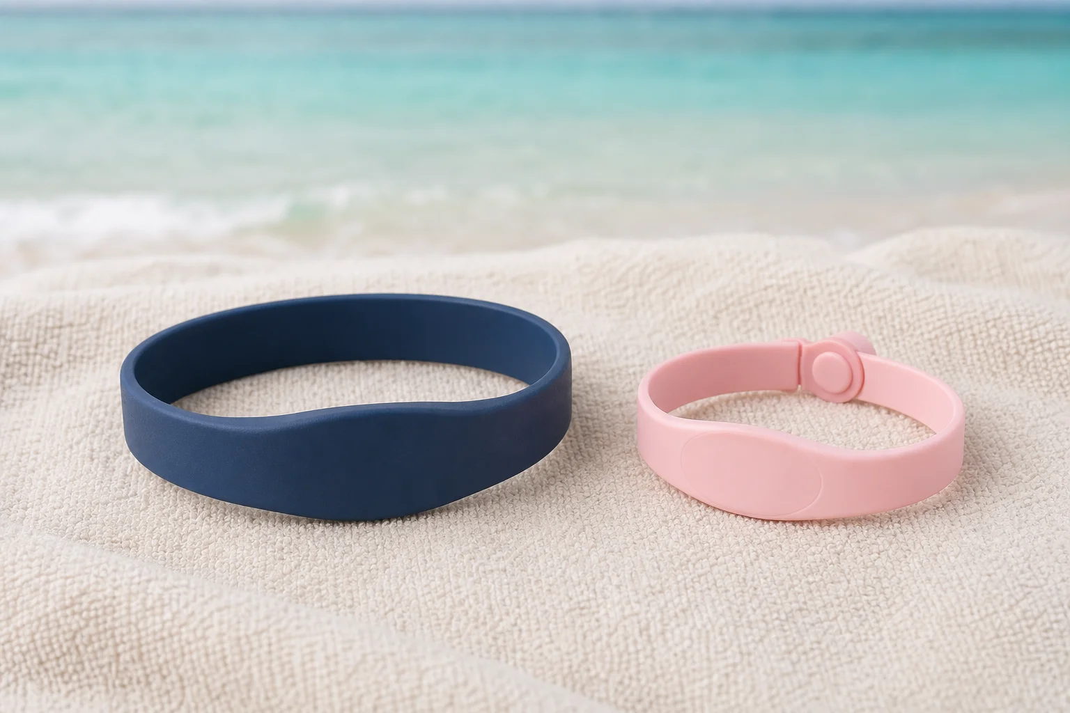 Brazalete RFID de talla adulta junto a uno de talla infantil con cierre cerrado sobre una toalla