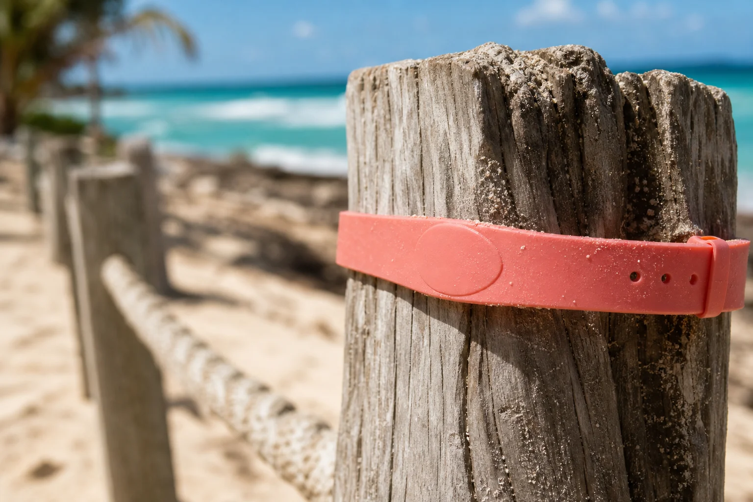 Brazalete RFID de silicona coral sujeto a un poste de madera junto a una playa pública con oleaje