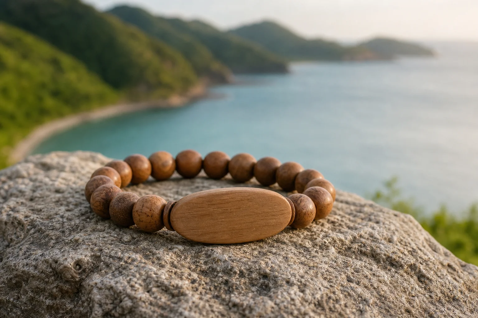 Brazalete RFID de cuentas de madera con medallón ovalado sobre piedra natural frente a una bahía