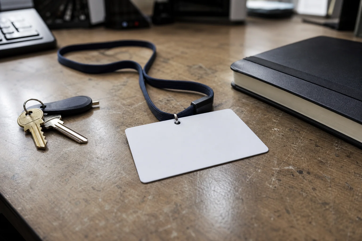 Credencial de personal en blanco con cordón sobre un escritorio de oficina con llaves y libreta