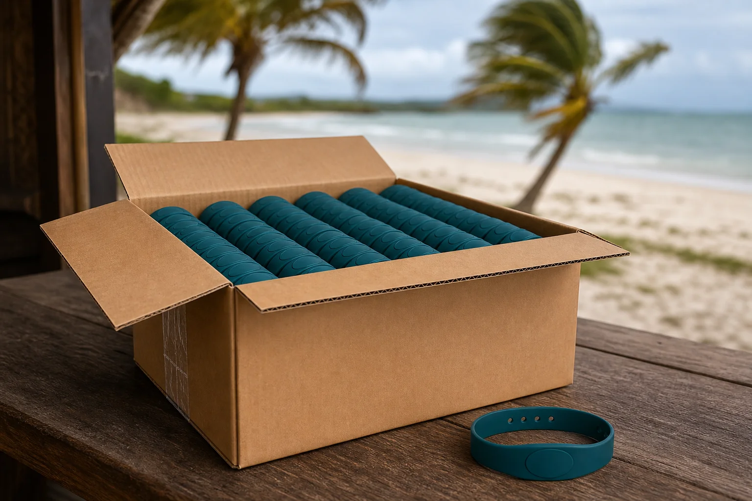 Caja abierta con brazaletes RFID de silicona en una mesa de recepción de mercancía frente a una playa larga